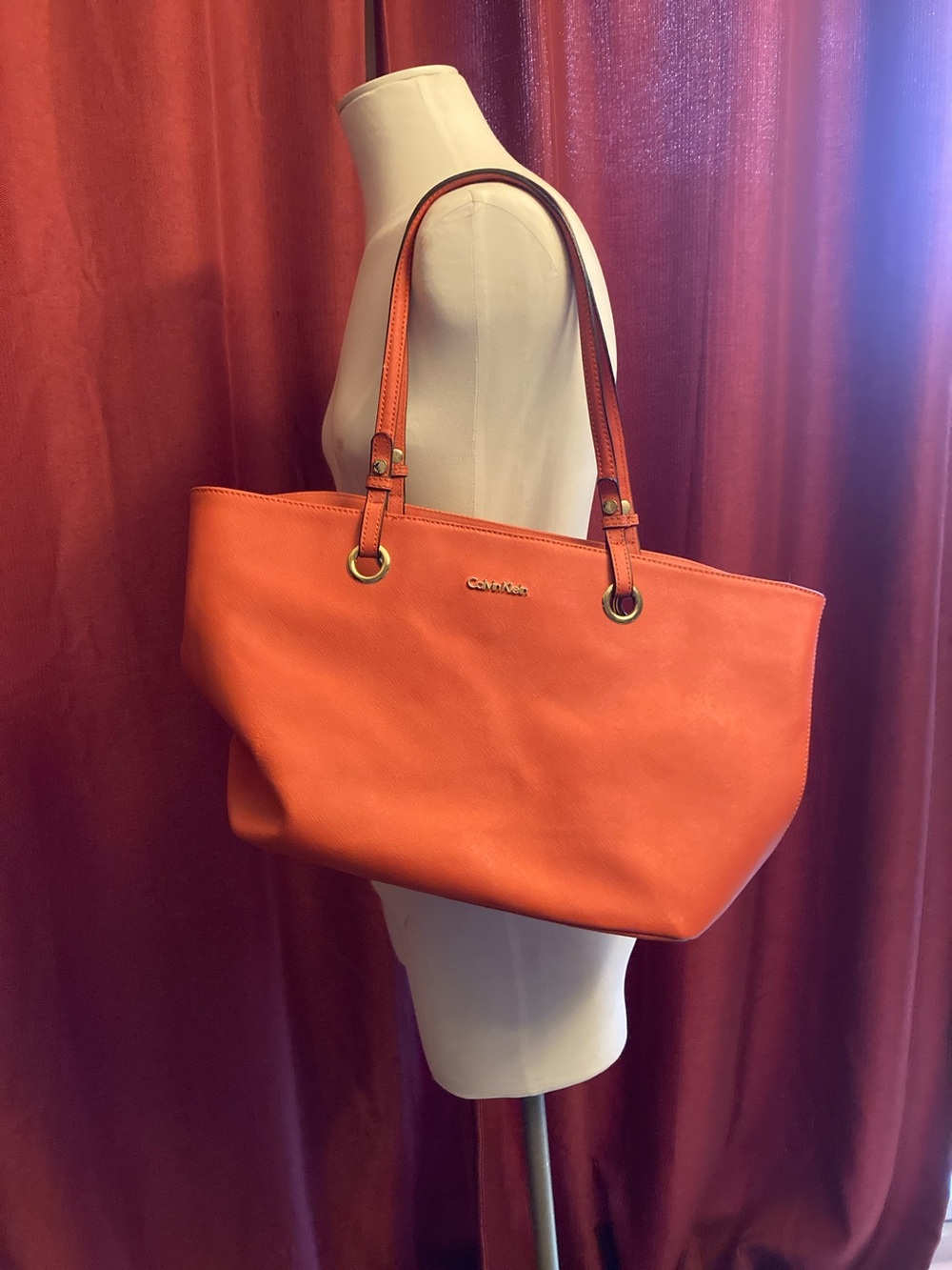 Calvin Klein Orange Leather Tote with Double Handles